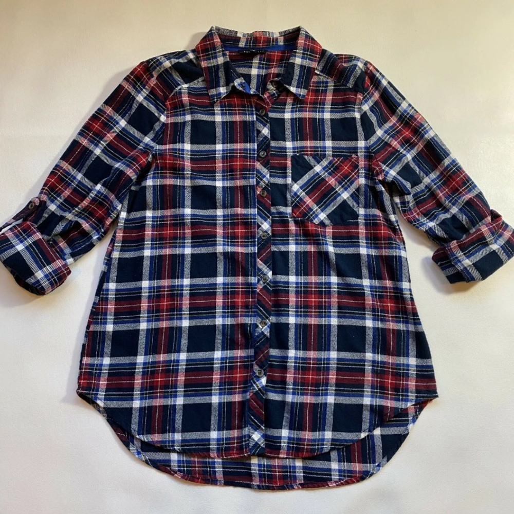 Socialite L Plaid Roll Tab Sleeve Flannel Shirt